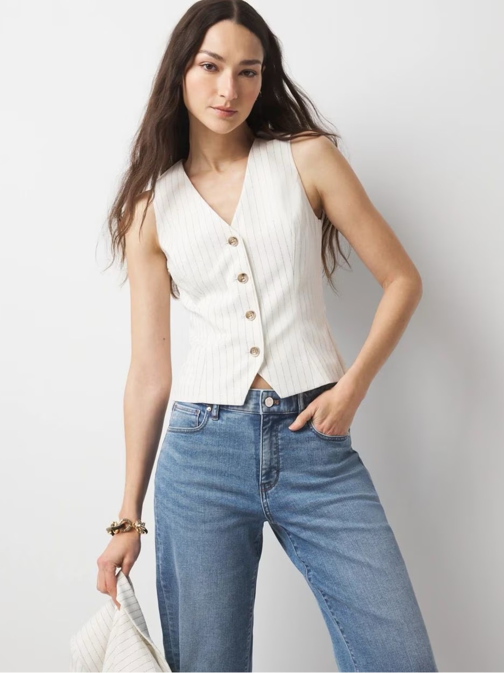 White House Black Market Sleeveless Pinstripe Button Front Vest Cream NWT Size 0